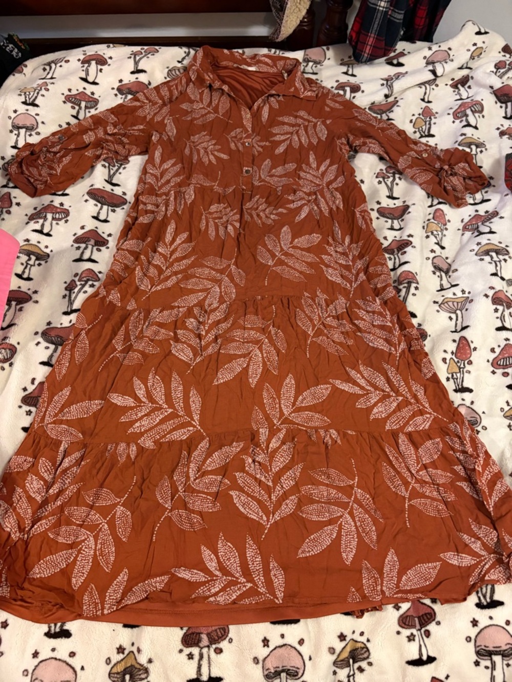 My Danielle Breezy Rust Leaf Print Tiered Midi Dress Size XXL